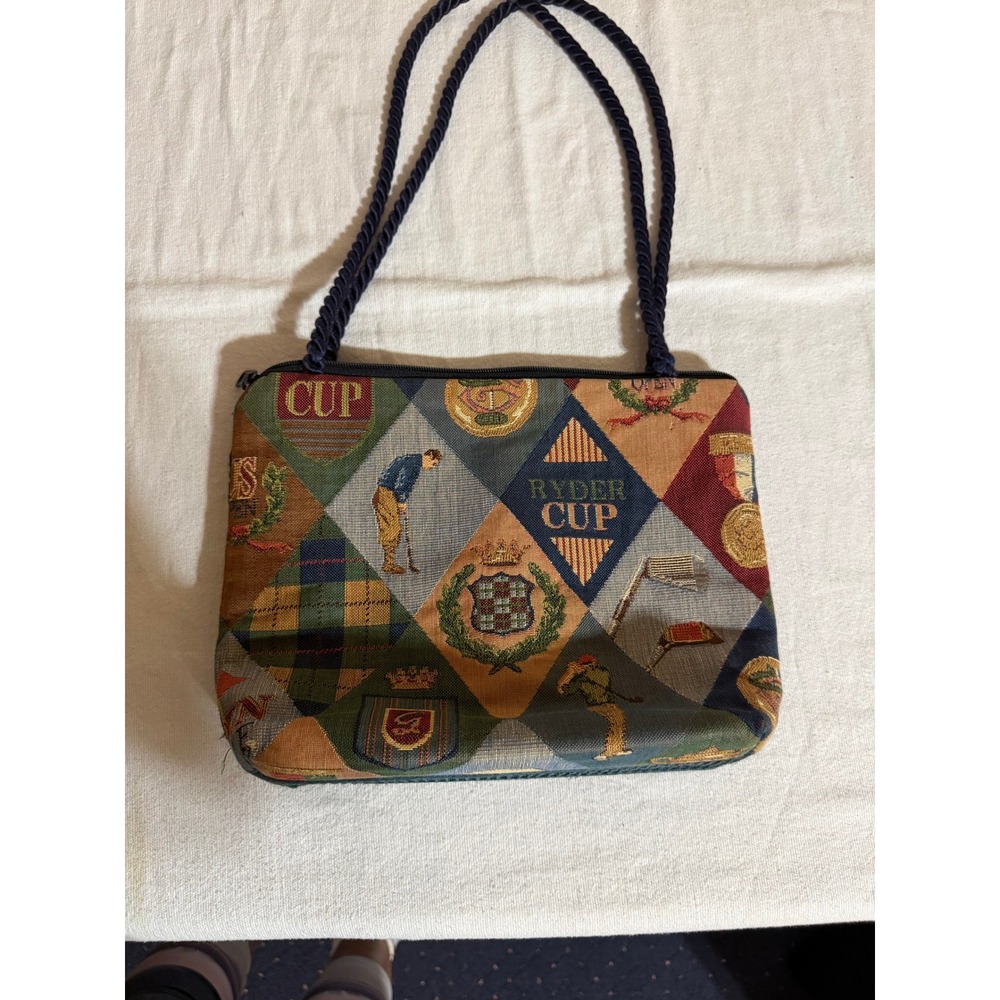 Ryder Cup‎ Golf Tapestry Shoulder Bag Argyle Crests Navy Teal Rope Strap Vintage